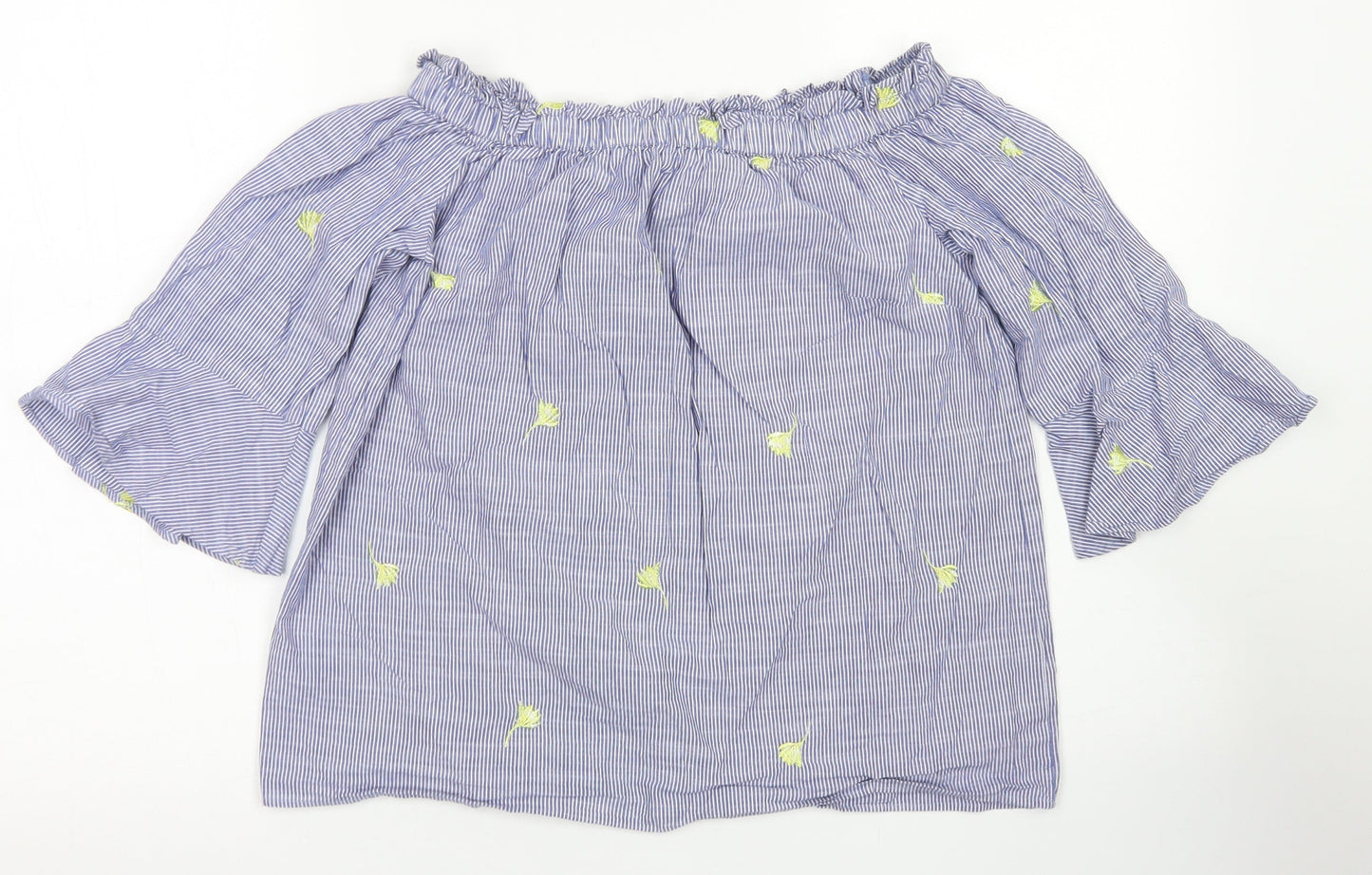 F&F Womens Blue Striped Cotton Cropped Blouse Size 6 Off the Shoulder