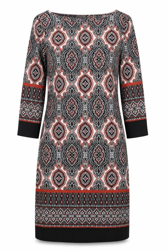 Front view of Atmosphere women’s black batik polyester shift, size UK 8, round neck
