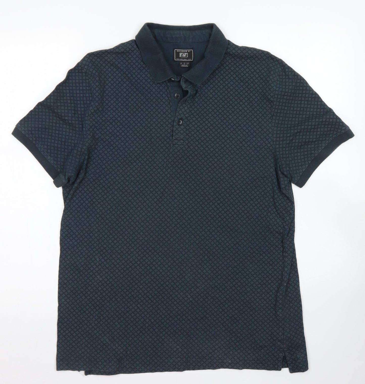 F&F Mens Blue Argyle/Diamond Cotton  Polo Size L Collared Button