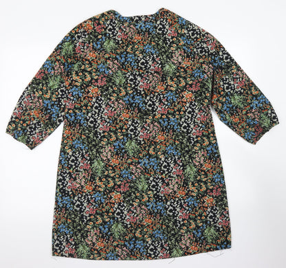 Papaya Womens Black Floral Polyester A-Line  Size M  Round Neck