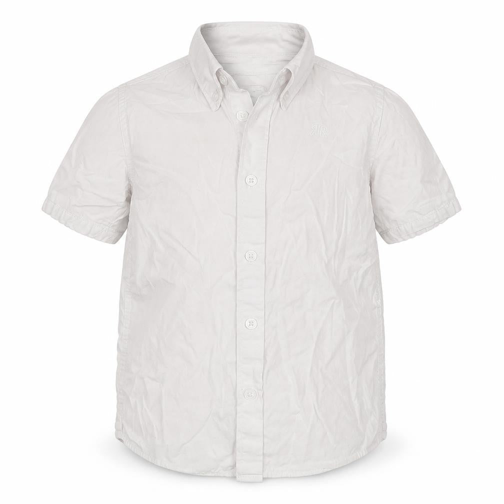 Front view of River Island boys’ white cotton basic button-up, size 5-6, years collared button