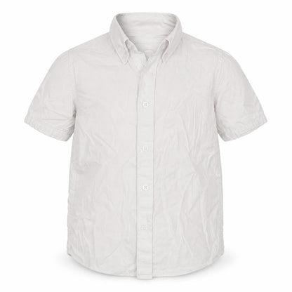 Front view of River Island boys’ white cotton basic button-up, size 5-6, years collared button