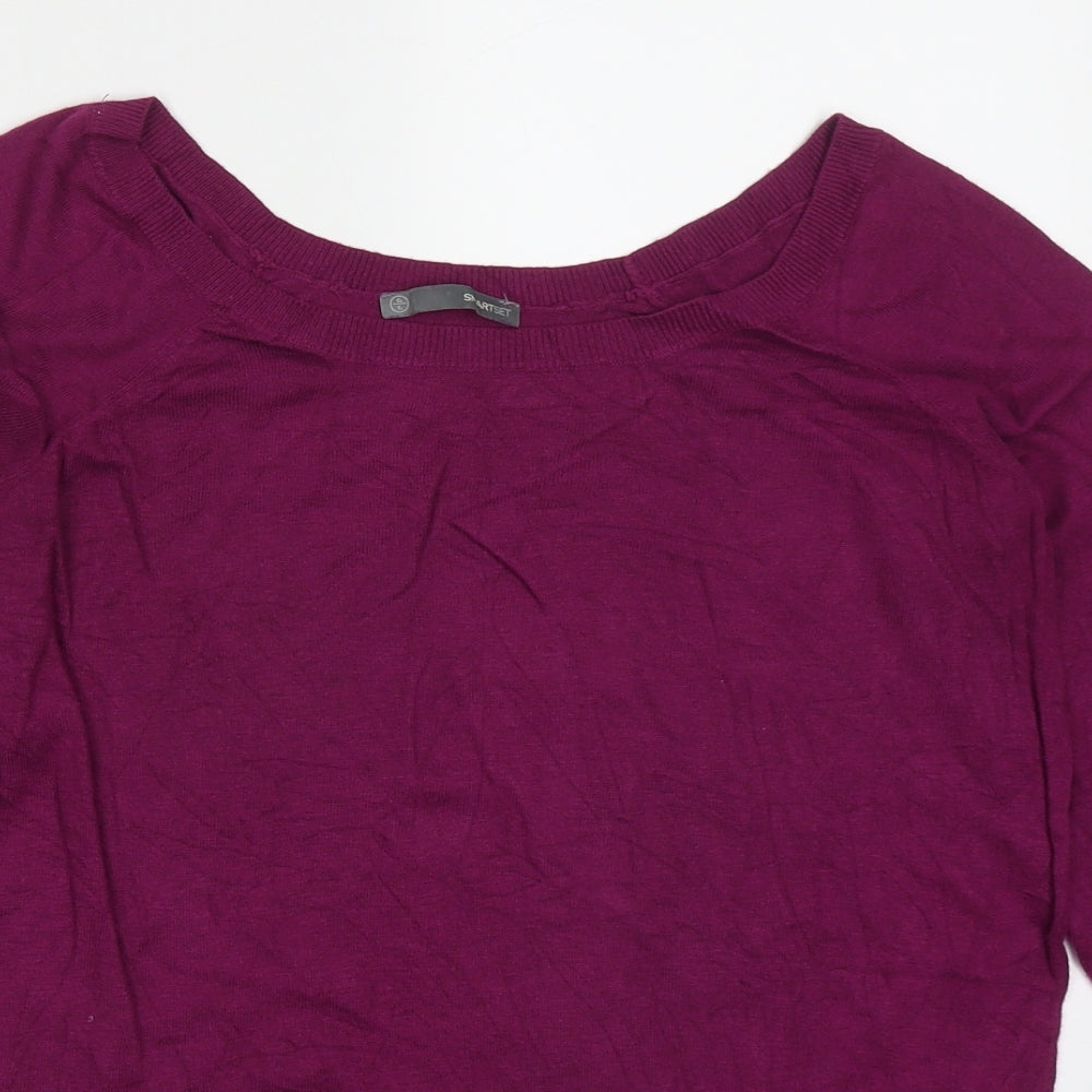 Close-up detail of Smartset men’s purple round neck nylon jumper, size L