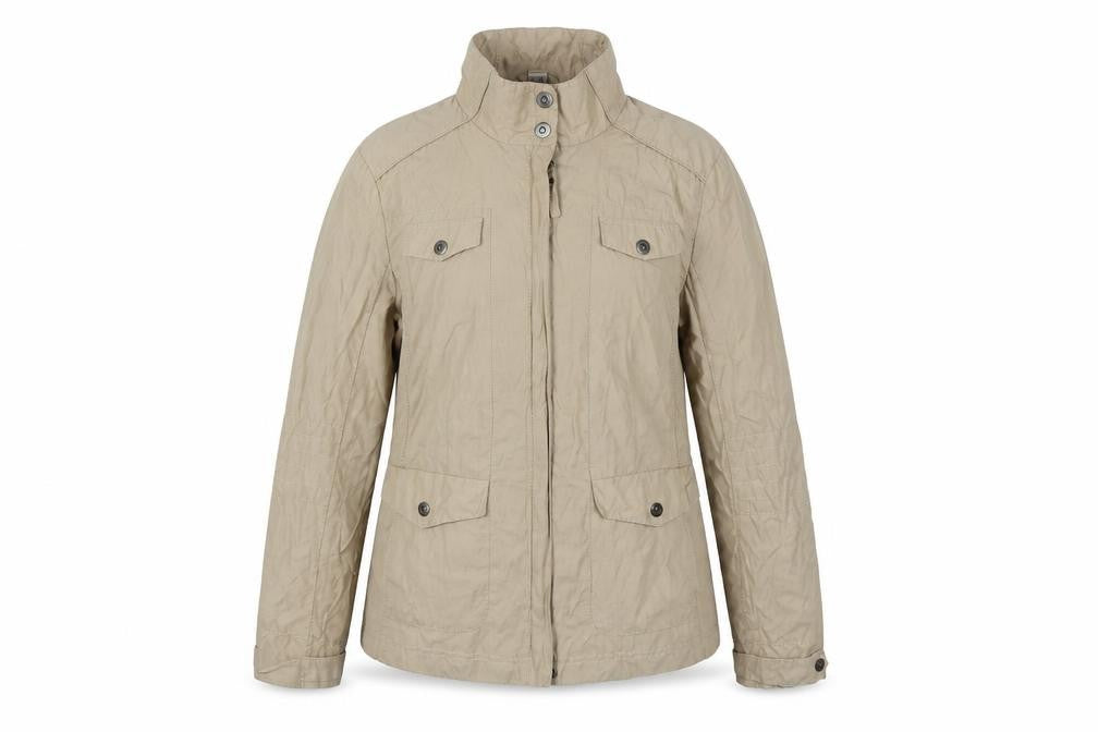 Front view of Wega women’s beige jacket, size UK 14, zip