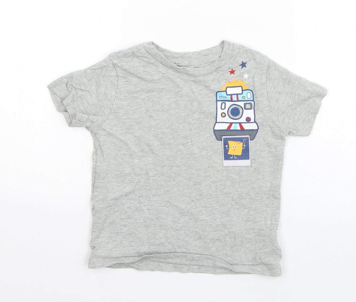 Additional front view of Gap boys’ grey cotton basic t-shirt, size 3, years round neck pullover - polaroid camera