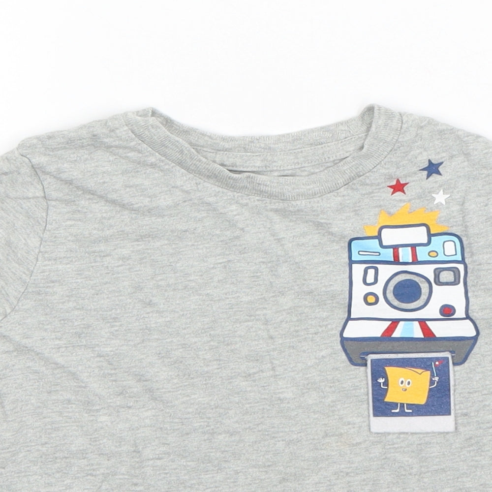 Close-up detail of Gap boys’ grey cotton basic t-shirt, size 3, years round neck pullover - polaroid camera