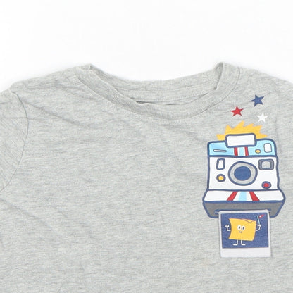 Close-up detail of Gap boys’ grey cotton basic t-shirt, size 3, years round neck pullover - polaroid camera