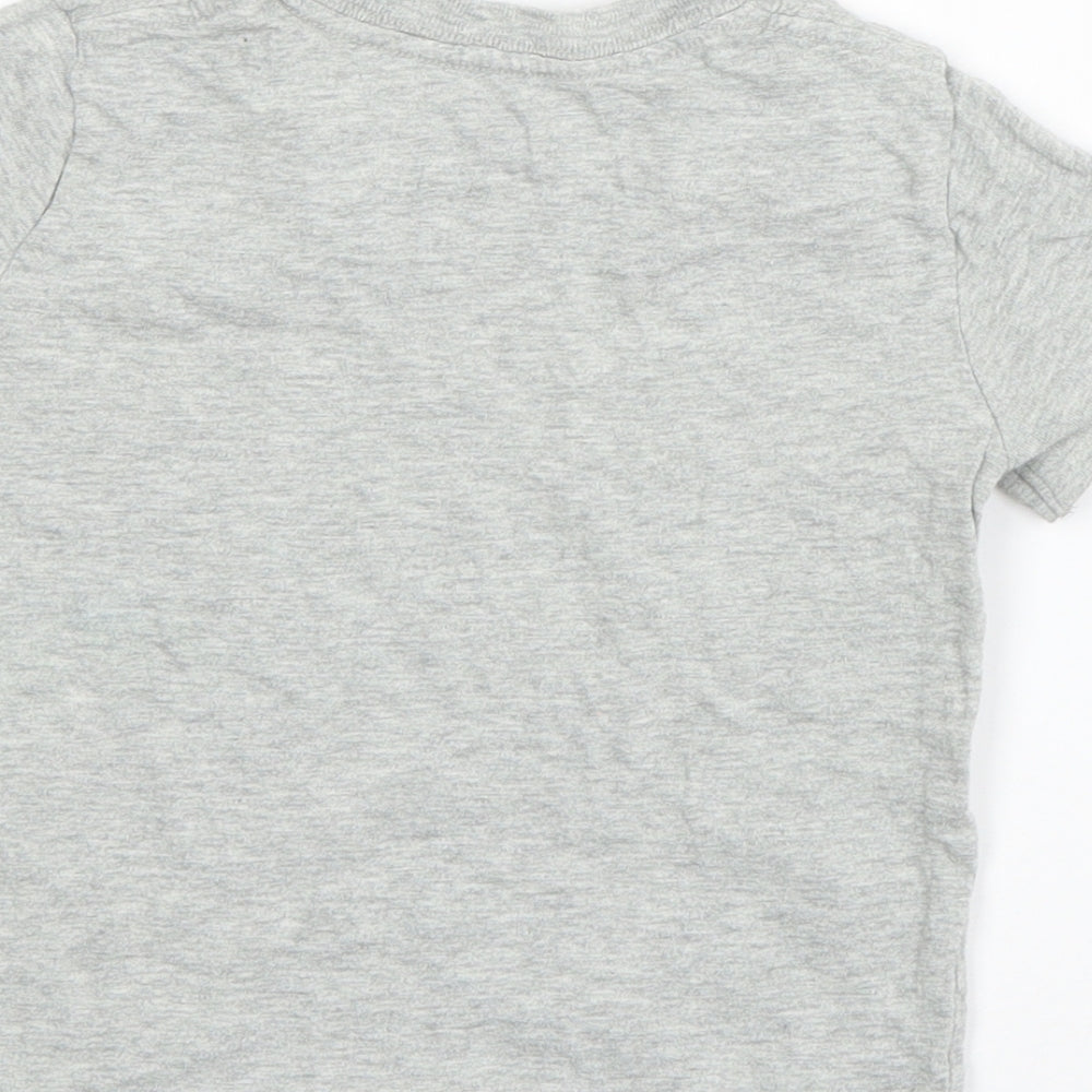 Brand and care label for Gap boys’ grey cotton basic t-shirt, size 3, years round neck pullover - polaroid camera