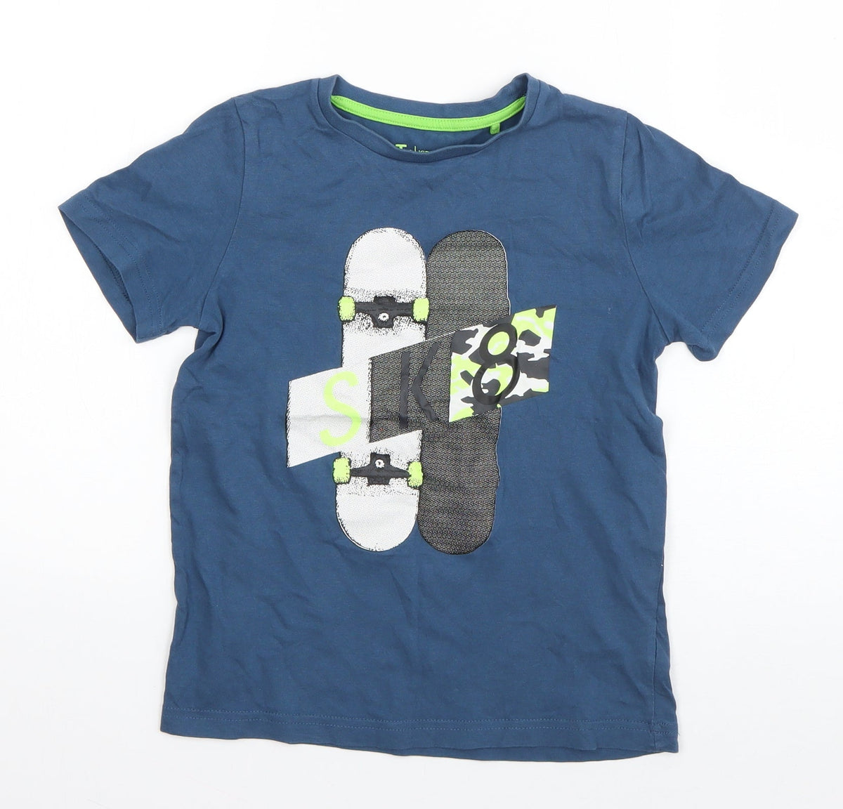 Additional front view of Tu boys’ blue cotton basic t-shirt, size 7, years round neck pullover - sk8