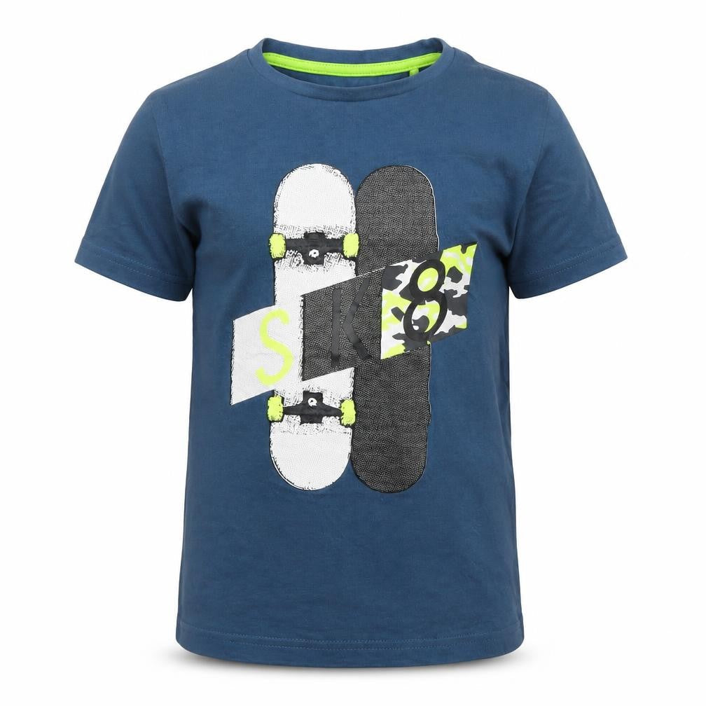 Front view of Tu boys’ blue cotton basic t-shirt, size 7, years round neck pullover - sk8