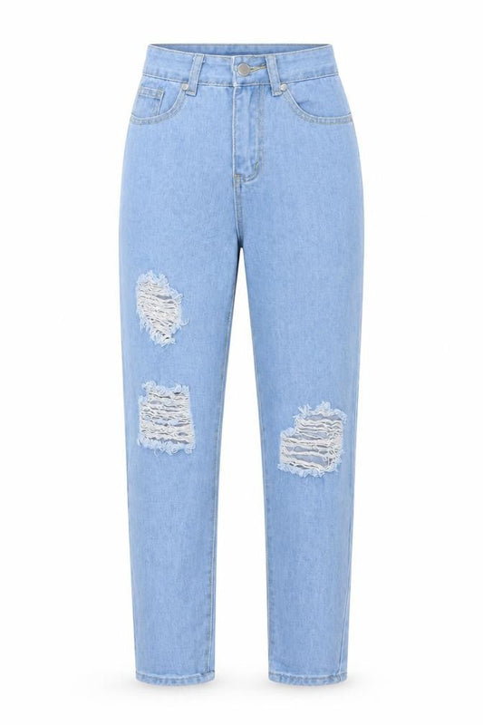 Front view of Boohoo women’s blue cotton mom jeans, size UK 6, 26-inch leg regular button