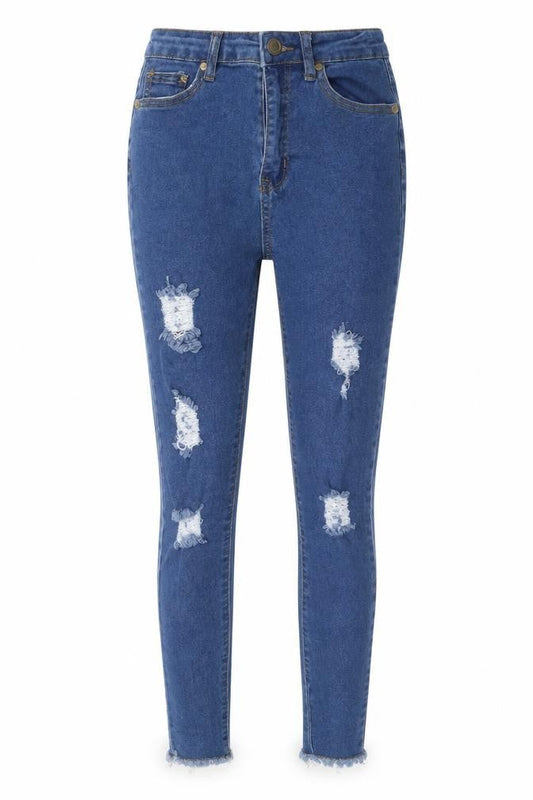 Front view of Boohoo women’s blue cotton skinny jeans, size UK 6, 25-inch leg regular button