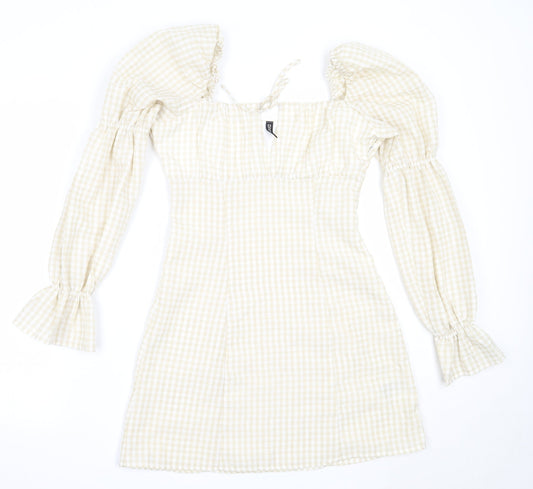 H&M Womens Beige Check Polyester Shift  Size 38  Square Neck