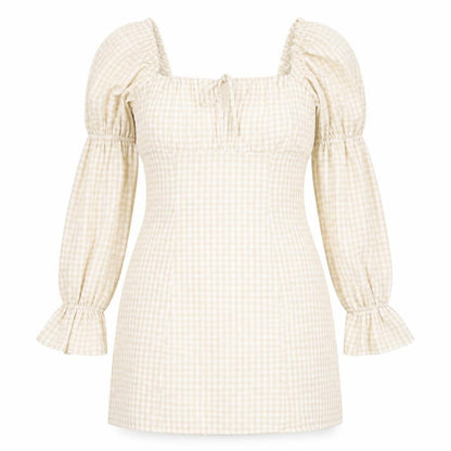 H&M Womens Beige Check Polyester Shift  Size 38  Square Neck