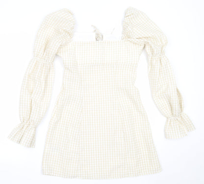 H&M Womens Beige Check Polyester Shift  Size 38  Square Neck
