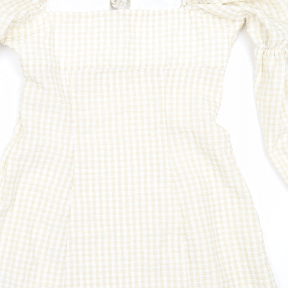 H&M Womens Beige Check Polyester Shift  Size 38  Square Neck