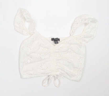 Primark Womens White  Cotton Cropped Blouse Size M V-Neck