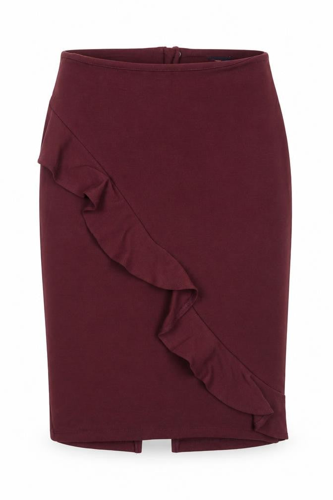 Front view of Marks & Spencer women’s purple viscose straight & pencil skirt, size UK 10