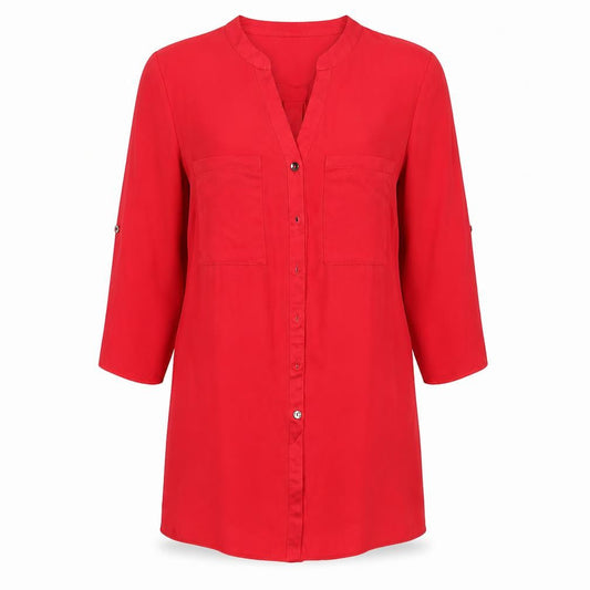 Front view of Roman women’s red polyester basic button-up, size UK 10, v-neck
