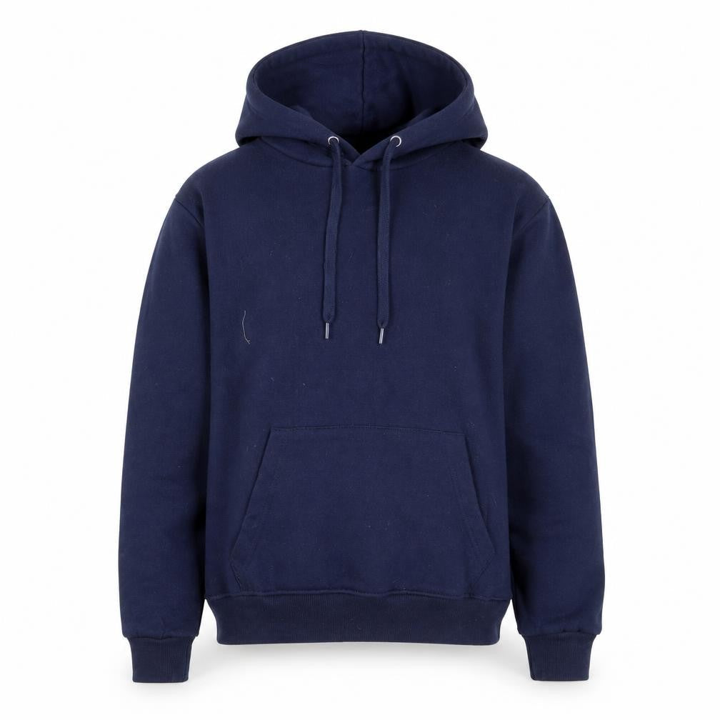 Front view of Boohoo women’s blue cotton pullover hoodie, size M