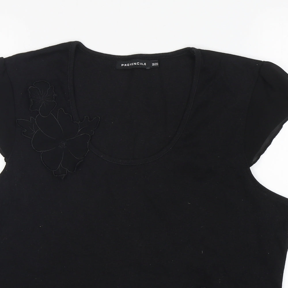 Close-up detail of Provencale women’s black cotton basic t-shirt, size UK 18, round neck