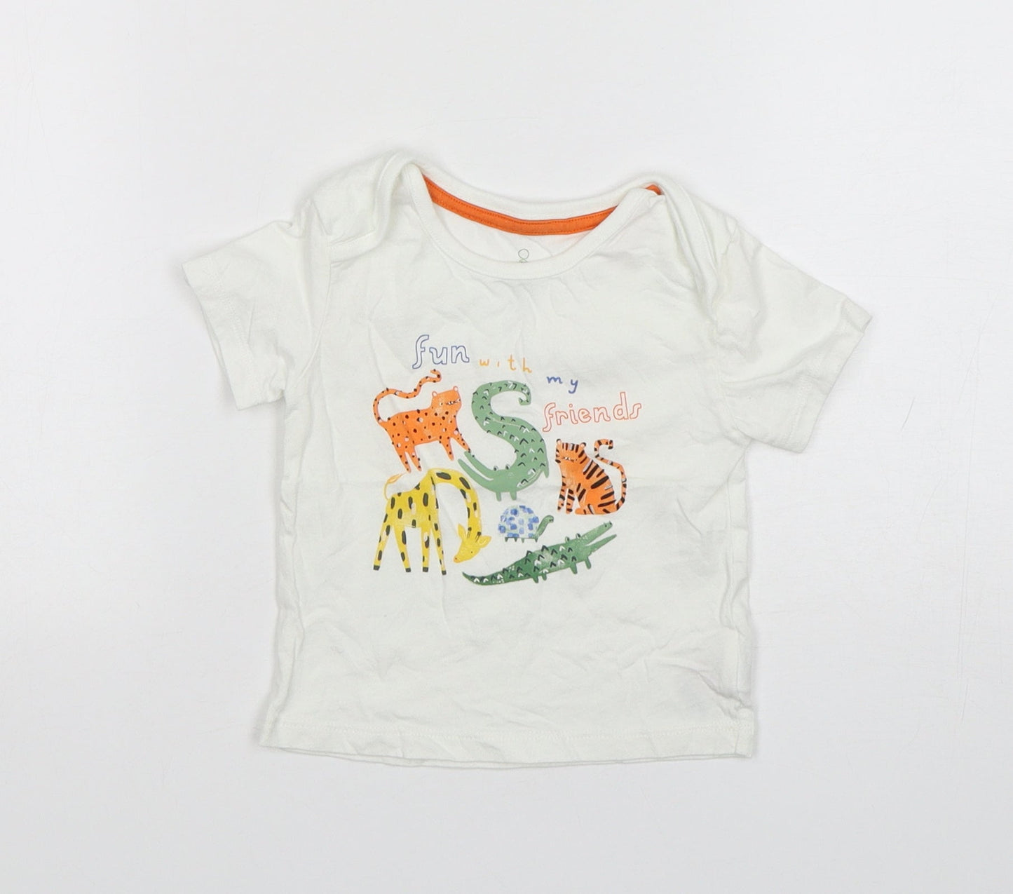 Mothercare Boys White Animal Print Cotton Basic T-Shirt Size 9-12 Months Round Neck