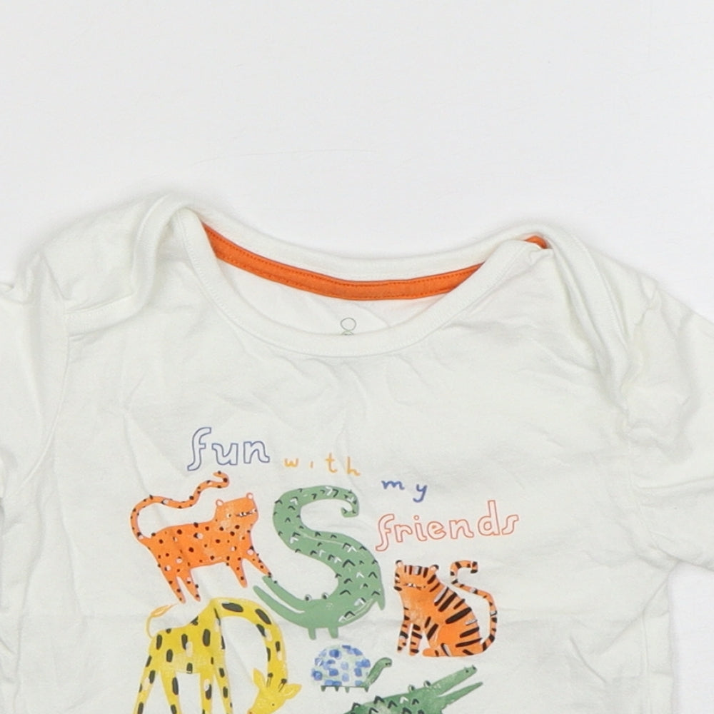 Mothercare Boys White Animal Print Cotton Basic T-Shirt Size 9-12 Months Round Neck