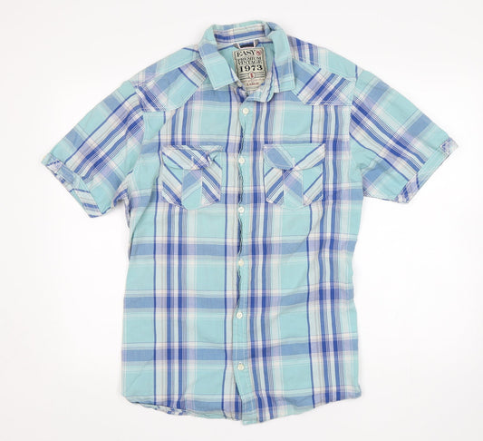 Mens UK Size L Easy Blue  Button-Up Short Sleeve Casual Shirt