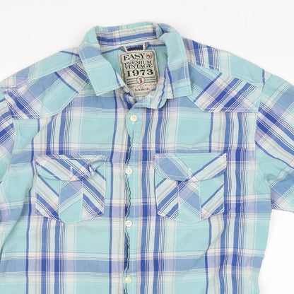 Mens UK Size L Easy Blue  Button-Up Short Sleeve Casual Shirt