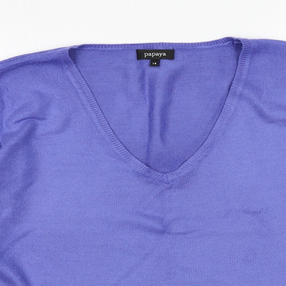 Close-up detail of Matalan women’s purple acrylic pullover sweatshirt, size UK 14, pullover