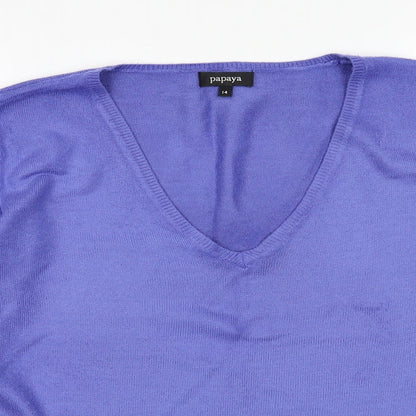 Close-up detail of Matalan women’s purple acrylic pullover sweatshirt, size UK 14, pullover