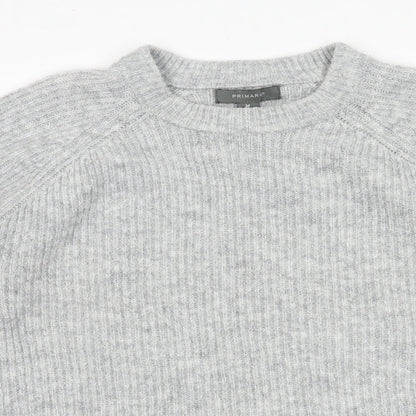 Close-up detail of Primark women’s grey acrylic pullover sweatshirt, size M, pullover