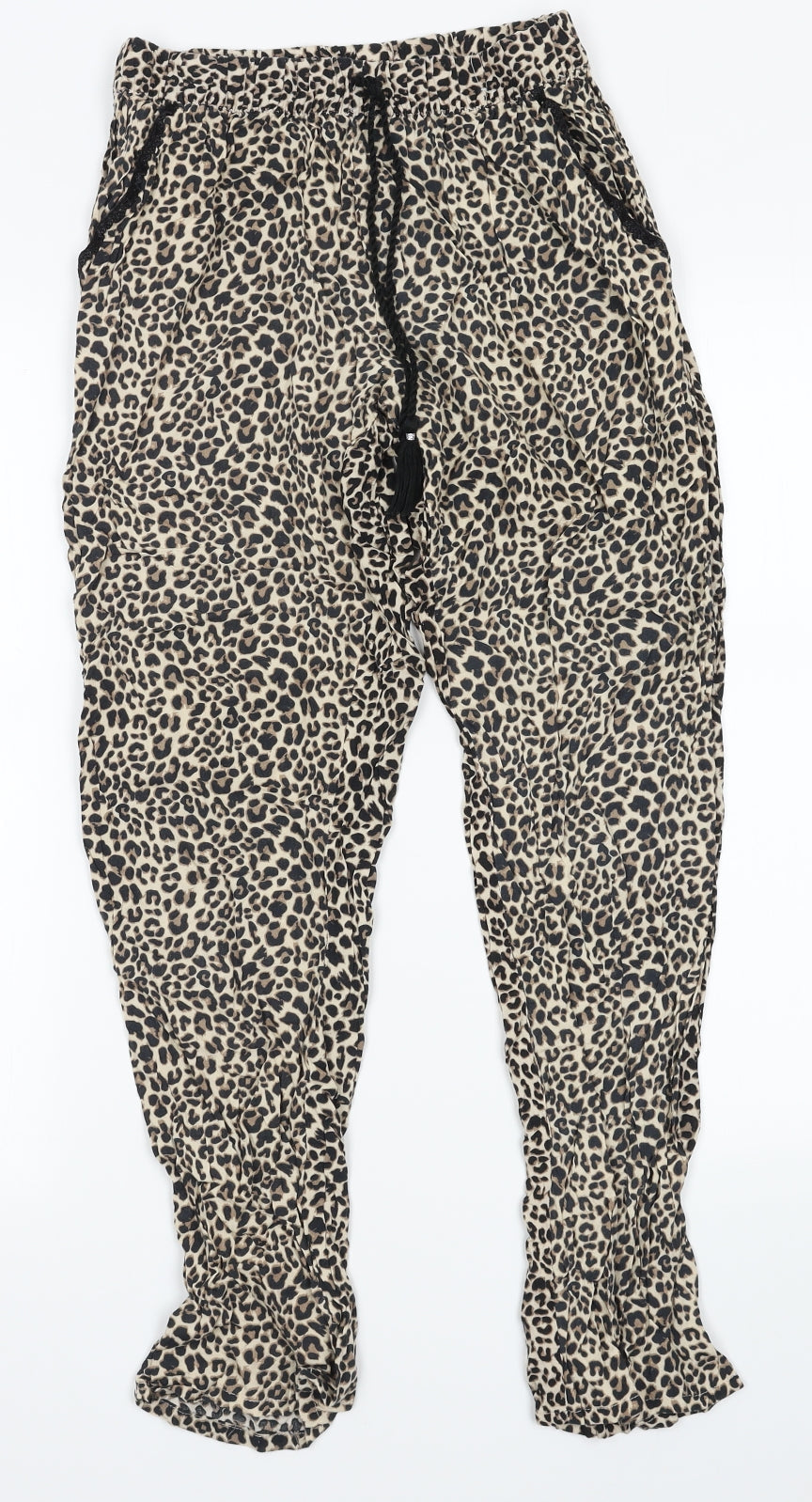 Primark Womens Brown Animal Print Viscose Jogger Trousers Size 2XS L28 in Regular Tie