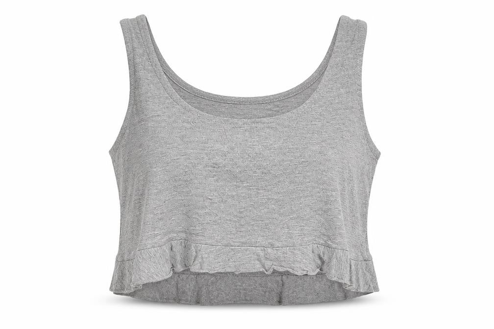 Front view of Missguided women’s grey viscose cropped tank, size UK 6, scoop neck
