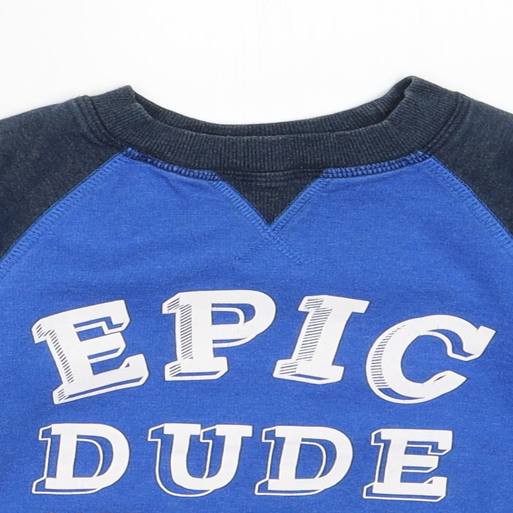 Close-up detail of George boys’ blue cotton pullover sweatshirt, size 2-3, years pullover - epic dude
