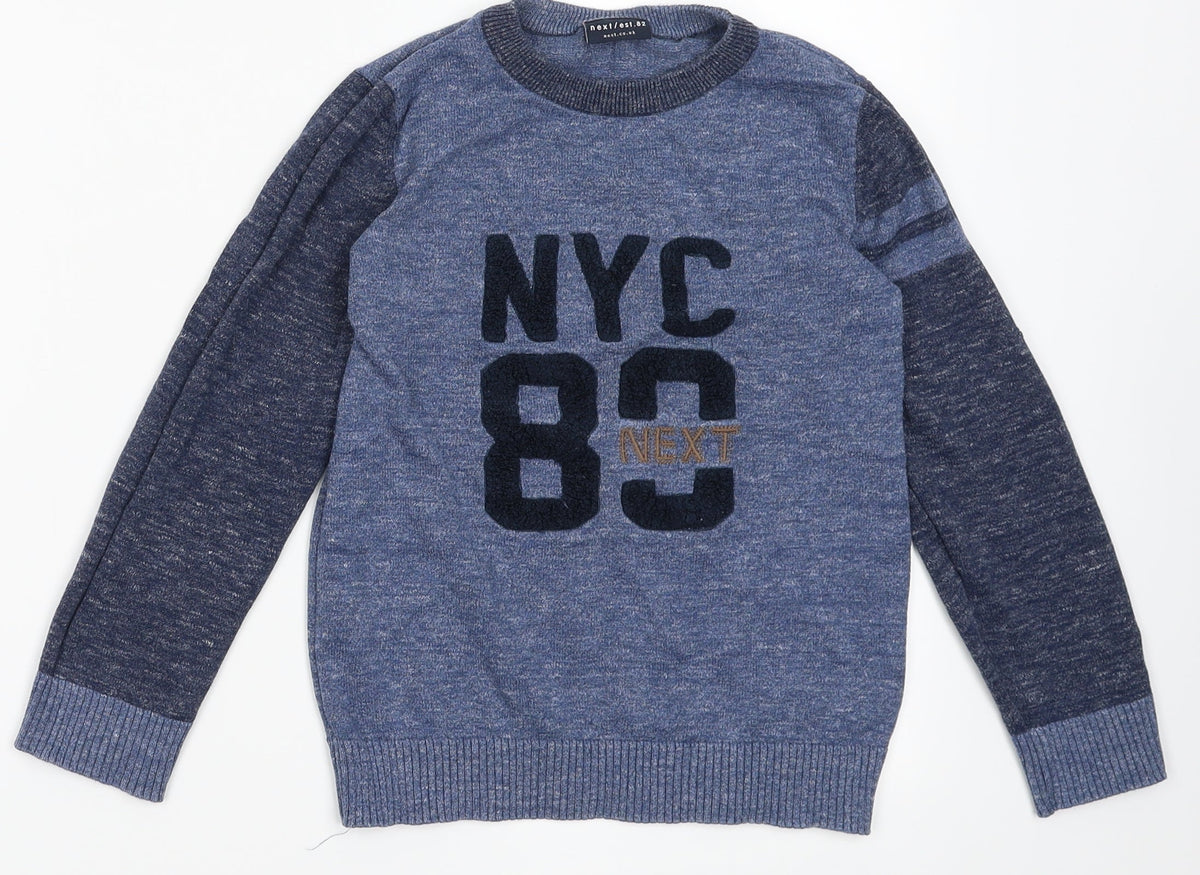 Additional front view of Next boys’ blue cotton pullover sweatshirt, size 7, years pullover - nyc