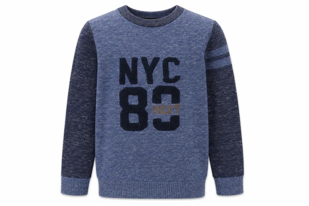 Front view of Next boys’ blue cotton pullover sweatshirt, size 7, years pullover - nyc