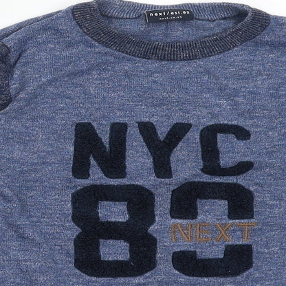 Close-up detail of Next boys’ blue cotton pullover sweatshirt, size 7, years pullover - nyc