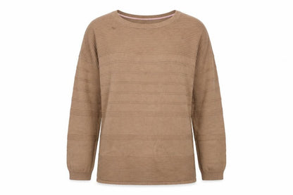 Front view of Isaac Mizrahi women’s brown striped cotton pullover sweatshirt, size M, pullover
