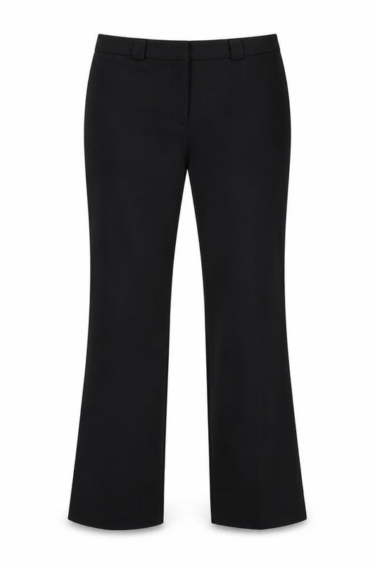 Front view of Marks & Spencer women’s black polyester dress pants trousers, size UK 10, 29-inch leg regular hook & loop