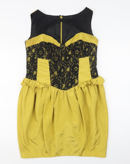 Dorothy Perkins Womens Yellow  Polyester Shift  Size 12  Round Neck Zip - Lace Detail