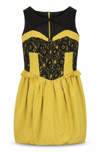 Front view of Dorothy Perkins women’s yellow polyester shift, size UK 12, round neck zip - lace detail