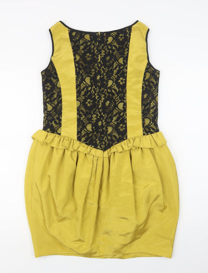 Dorothy Perkins Womens Yellow  Polyester Shift  Size 12  Round Neck Zip - Lace Detail