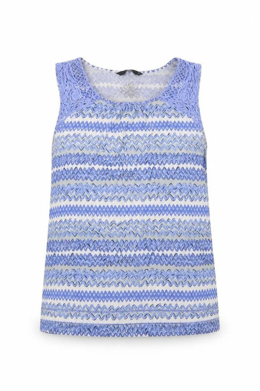 Front view of Bonmarché women’s blue geometric polyester basic blouse, size UK 16, round neck