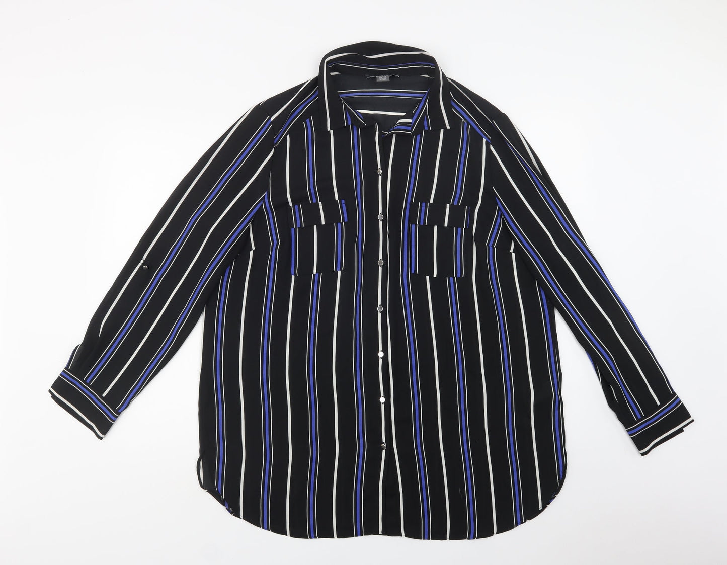 Primark Womens Black Striped Polyester Tunic Button-Up Size 18 Collared