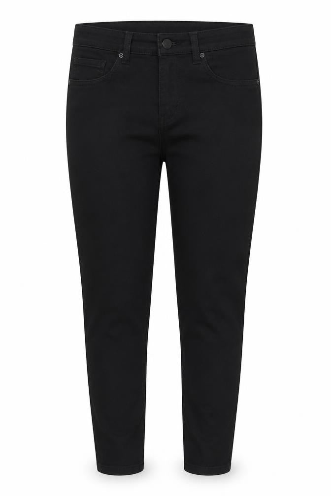 Front view of women’s black cotton jegging jeans, size UK 29, in, 25-inch leg regular button