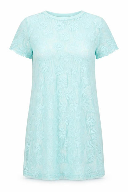 Front view of Primark women’s blue polyester t-shirt dress, size S, round neck pullover - shell print beach cover up