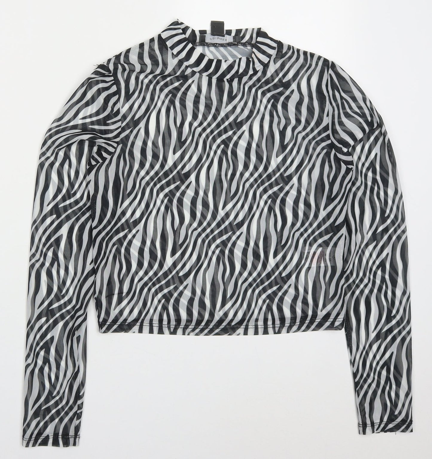 Primark Womens Black Animal Print Polyester Basic T-Shirt Size 10 Off the Shoulder - Zebra Striped