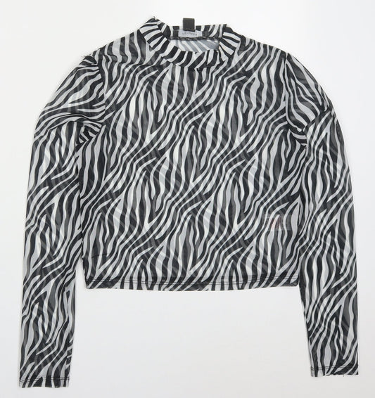 Primark Womens Black Animal Print Polyester Basic T-Shirt Size 10 Off the Shoulder - Zebra Striped