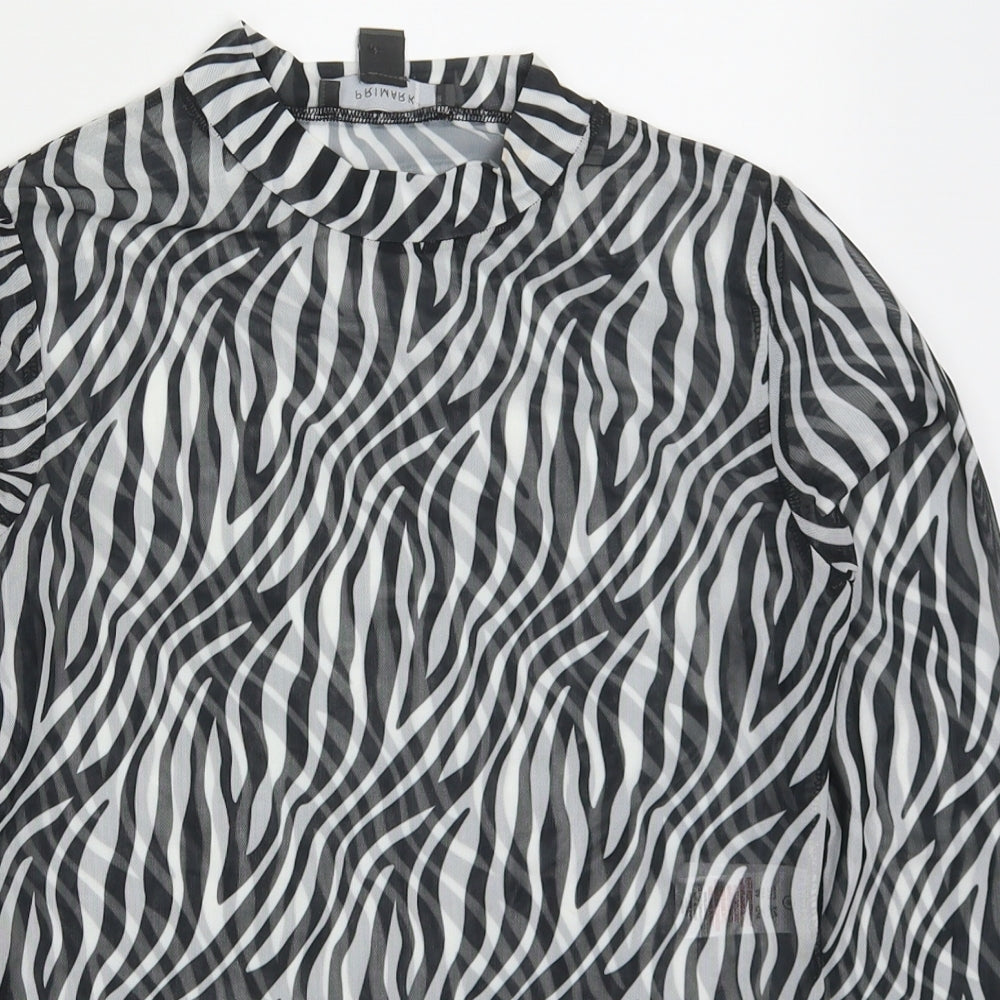 Primark Womens Black Animal Print Polyester Basic T-Shirt Size 10 Off the Shoulder - Zebra Striped